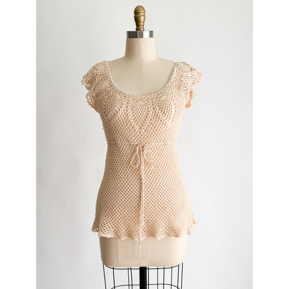 It's‎ Our Time Crochet Knit Top Boho Beaded Empire Waist S Beige Flutter Sleeve